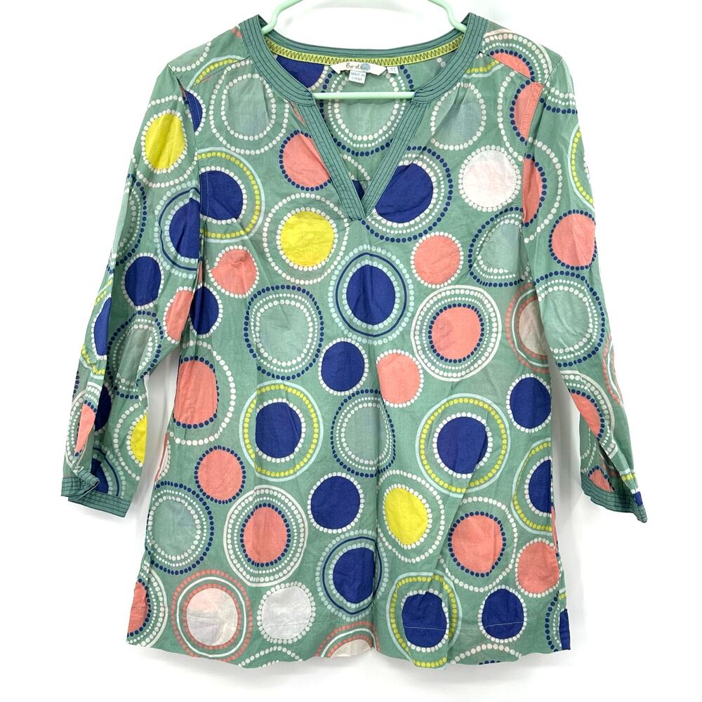 Boden‎ Size 4 Tunic Blouse Top Shirt 100% Cotton Circle Print Green Blue Pink